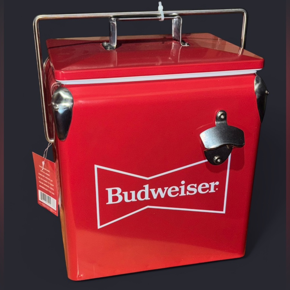 Budweiser Red Metal Cooler with Bottle Opener